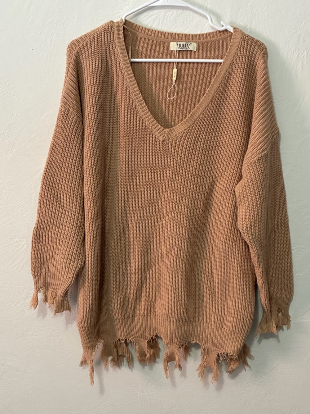 Distressed oversized  V-Neck Knit Sweater in Tan